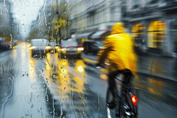 View through a raindrop-spattered window of a cyclist in a yellow coat, AI generated, AI generated