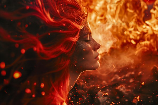 Side profile of a woman with closed eyes surrounded by sparks and flames in the background, AI generated, AI generated