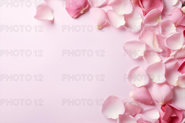 Pink rose flower petals on side of pink background with copy space. KI generiert, generiert AI generated