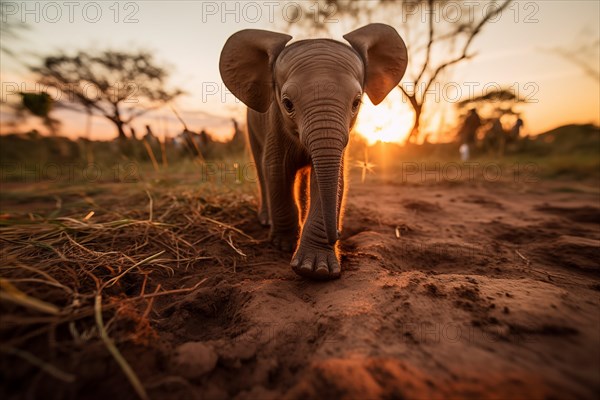 Baby elephant walking majestically against the backdrop of a golden sunset, AI generated