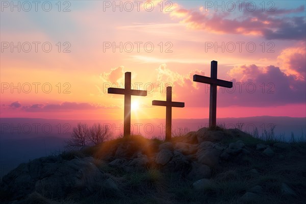 Easter concept three crosses on Golgotha Calvary hill against a dramatic sunset, AI generated