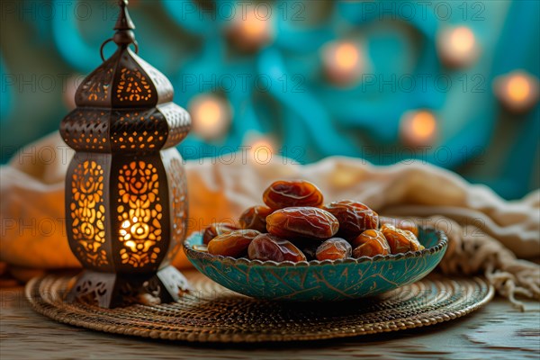 Ramadan lantern with a plate of succulent figs, set on an ornate table with intricate designs, evoking the rich traditions and serene moments of the holy month, AI generated