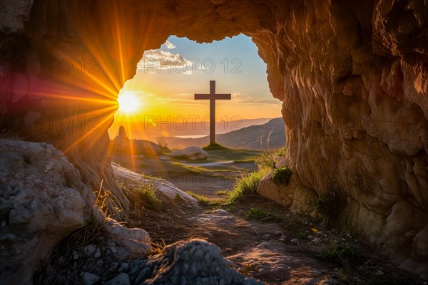 Easter concept cross on Golgotha Calvary hill against a dramatic sunset seen from open tomb of Jesus, AI generated