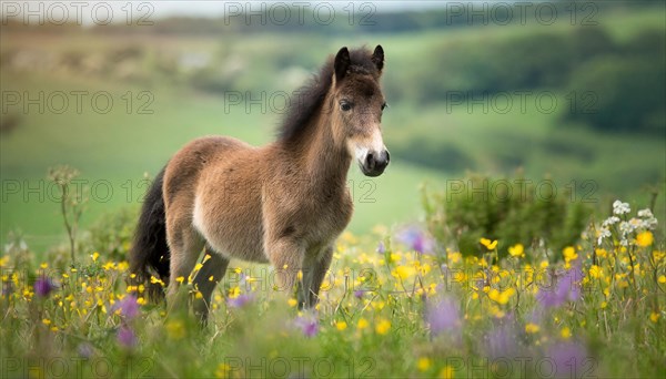 KI generated, animal, animals, mammal, mammals, biotope, habitat, one, individual animal, foraging, wildlife, meadow, pasture, Exmoor pony, horse, horses, ungulates, English pony breed, South West England, Exmoor, (Equus ferus caballus), foal, flower meadow