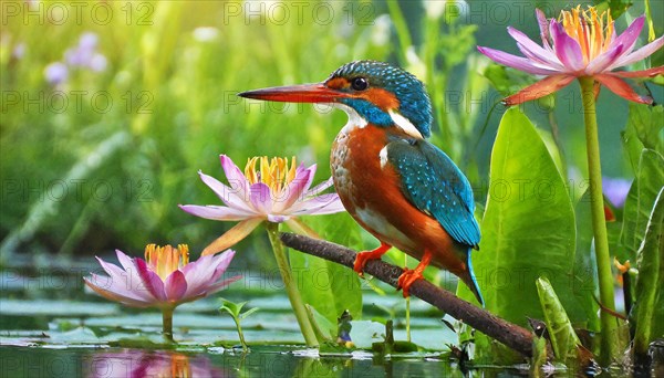 KI generated, animal, animals, bird, birds, biotope, habitat, a, individual, water, perch, reeds, water lilies, blue sky, foraging, wildlife, summer, seasons, white-throated kingfisher (Halcyon smyrnensis)