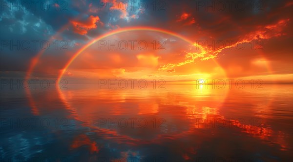 A tranquil ocean scene with a sunset, clouds, and a rainbow reflected on the water, ai generated, AI generated