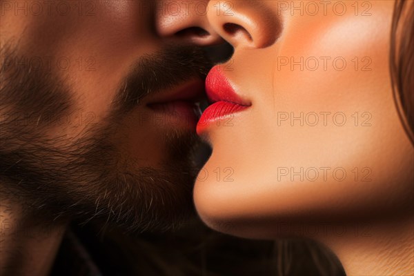 Close up of woman with red lipstick and man with beard kissing. KI generiert, generiert AI generated