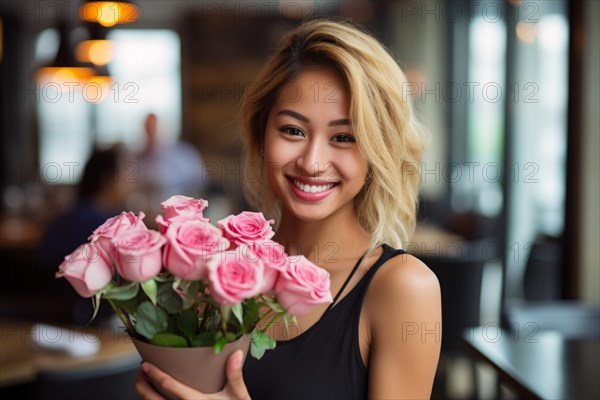Smiling Asian woman with blond hair holding bouet of pink rose flowers on dare in restaurant. KI generiert, generiert AI generated