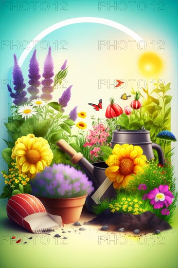 Illustrated cheerful garden scene with bright flowers and a watering can, Spring garden background illustration, generated ai, AI generated