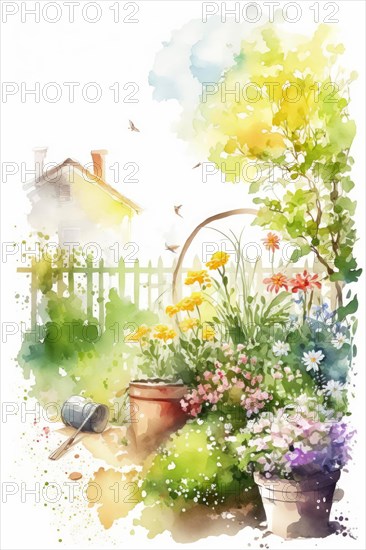 Artistic watercolor painting of a serene cottage garden with potted plants and a vintage feel, Spring garden background illustration, generated ai, AI generated