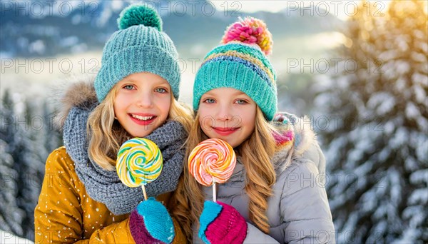 AI generated, Two little girls are happy about a lolly, lollipop, human, people, person, persons, child, children, 10, years, two, outdoor, ice, snow, winter, seasons, eats, eating, hat, bobble hat, gloves, winter jacket, cold, coldness