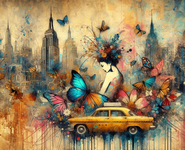 Stylized scene with a woman surrounded by butterflies near a vintage taxi against a city skyline, japanese themed shunga art style based, AI Generated, AI generated