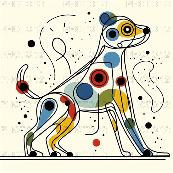 Playful abstract geometric design of a colorful dog with various shapes, continuous line art, creature is stylized and simplified to the most basic geometric forms, exaggerated features, adorned with splashes of primary colors, clean white solid background, with subtle geometric shapes and thin, straight lines that intersect with dotted nodes and overlap the figures. The overall aesthetic is modern and contemporary, AI generated