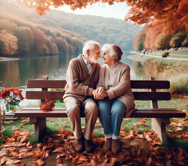 An elderly couple, old lovers sit hand in hand on a park bench and look at each other tenderly, AI generated, AI generated