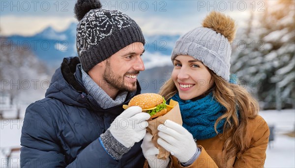 AI generated, human, humans, person, persons, man, woman, woman, 25, 30, years, two, outdoor, ice, snow, winter, seasons, eats, eat, drinks, drinking, cap, bobble hat, gloves, winter jacket, cold, cold, burger, hamburger, coffee to go, coffee, coffee mug