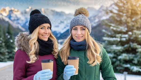 AI generated, human, humans, person, persons, woman, woman, 20, 25, years, two persons, outdoor, ice, snow, winter, seasons, drinks, drinking, cap, coffee, coffee to go, paper cup, bobble hat, gloves, winter jacket, cold, coldness