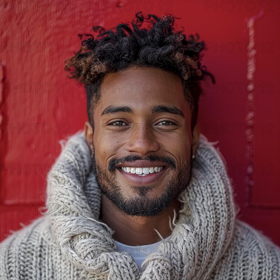 Portrait of a happy student standing in front of a colored background with a trendy sweater smiling, AI generated