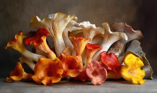 Still life with group of yellow and orange chanterelle mushrooms AI generated
