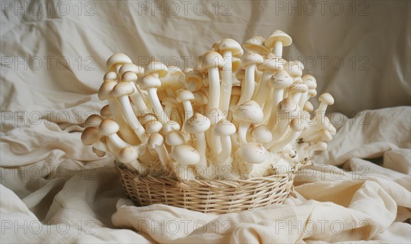Shimeji mushrooms in a wicker basket on a white background. AI generated