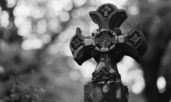 Black and white image of a Celtic cross on a grave in a cemetery, copy space. AI generated