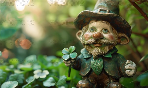 Saint Patricks Day background. Saint Patricks Day background with green clover leaves and old gnome. AI generated