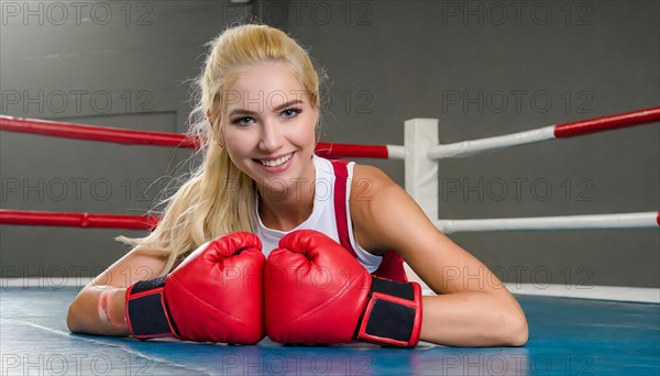 AI generated, woman, woman, 35, years, Thai, Thai, sport, boxing, gloves, Thai boxing, Muay Thai, one person, portrait, athletic, fight, fighting, popular sport, Thai boxer, boxing, boxing ring, blond, blonde, blonde, European, lying on the ground, KO