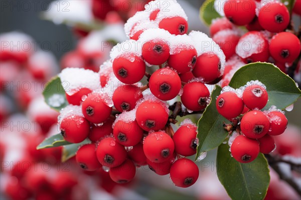 Close up of red holly berries covered in snow in winter. KI generiert, generiert AI generated