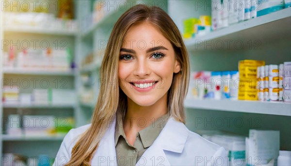 AI generated, A young pharmacist in her pharmacy, portrait, 30, 35, years, female, blonde, blond, blonde, beautiful teeth, smiles, long hair, profession, professions, medicines in the background