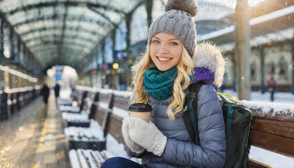 AI generated, A young blonde woman wants to travel and waits for the train at the station, 20, 25, blonde, blond, blonde, modern, noderne, aluminium suitcase, handbag, winter jacket, boots, sexy, attractive, attractive, long-haired, transport, traffic, coffee to go in hand, coffee, coffee cup