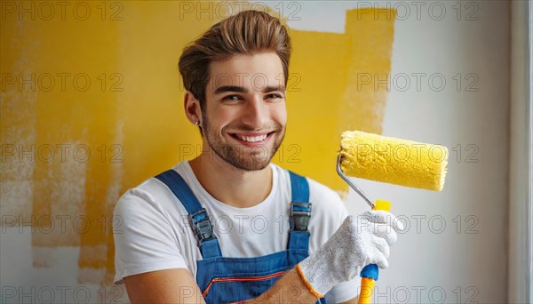 AI generated, man, men, a painter paints a wall with new yellow paint, father, renovation of old flat, paint roller, ladder, yellow, paint, 25, 30, years, a, person, occupation, occupations, leisure activity, family, smiles, smiling, fun at work, laughing, laughing, laughing, friend, partner, man