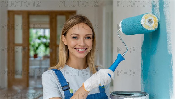 AI generated, woman, woman, a young girl paints a wall with new colour, blue, blue, blue door, renovation of old flat, paint roller, ladder, paint, 20, 25, years, one, a person, daughter, student, pastime, family, girl, smiles, smiling, fun at work, laughing, laughing, laughing, dungarees, jeans