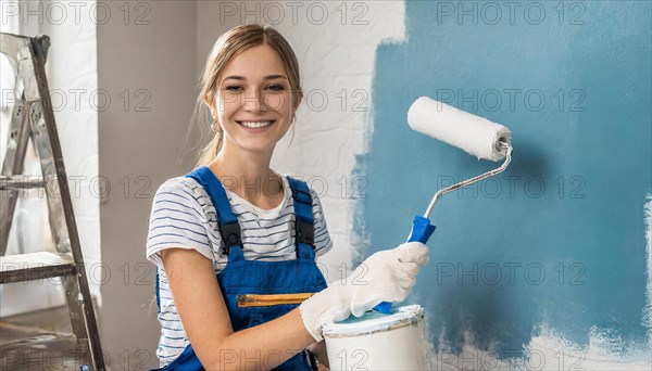 AI generated, woman, woman, a young girl paints a wall with new paint, blue, light blue, blue, light blue, renovation of old flat, paint roller, ladder, paint, 20, 25, years, a, a person, daughter, student, pastime, family, girl, smiles, smiling, fun at work, laughing, laughing, laughing, dungarees, jeans