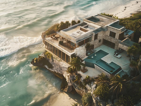 Luxurious villa perched on a cliff overlooking a serene turquoise ocean at sunset, Playa del Carmen beach in Mexico, AI generated