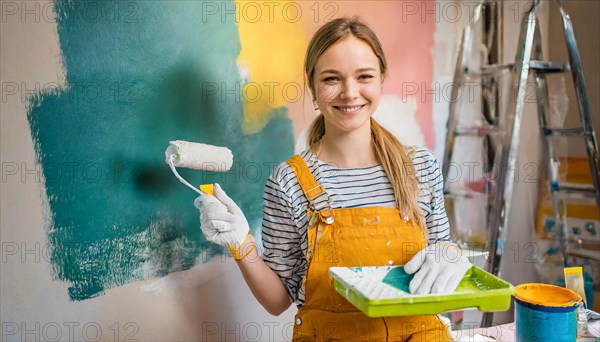 AI generated, woman, woman, a young girl paints a wall with new paint, white, white, renovation of old flat, paint roller, ladder, paint, 20, 25, years, one, one person, daughter, student, pastime, family, girl, smiling, smiling, fun at work, laughing, laughing, laughing, dungarees, jeans