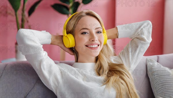 AI generated, human, humans, person, persons, woman, woman, girl, 20, 25, years, one person, interior shot, sitting on the sofa and listening to music with headphones, relaxed, relaxed, yellow headphones, beautiful teeth, beautiful eyes, smiling, happy