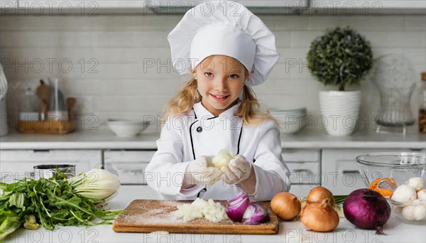 AI generated, human, humans, person, persons, child, children, 8 year old girl cutting onions in a white kitchen, chef hat, smock, cute, cute, beautiful eyes, beautiful teeth, cook, cook, kitchen table, vegetables, onions, garlic