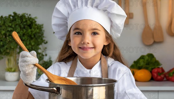 AI generated, human, humans, person, persons, child, children, 8 year old girl cooking a vegetable soup in a white kitchen, chef's hat, smock, cute, cute, cute, beautiful eyes, beautiful teeth, cook, cook, kitchen table, vegetables, onions, garlic