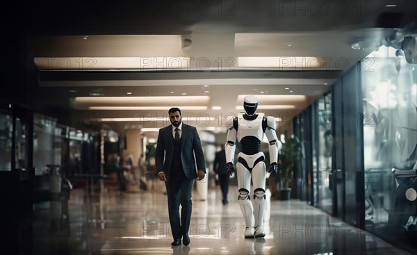 Robot bodyguard assistant to a businessman, personal security guard of a businessman, AI generated