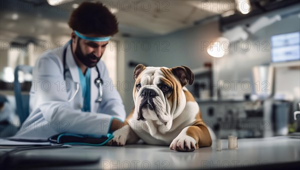 English bulldog dog in a veterinary clinic with a veterinarian, AI generated