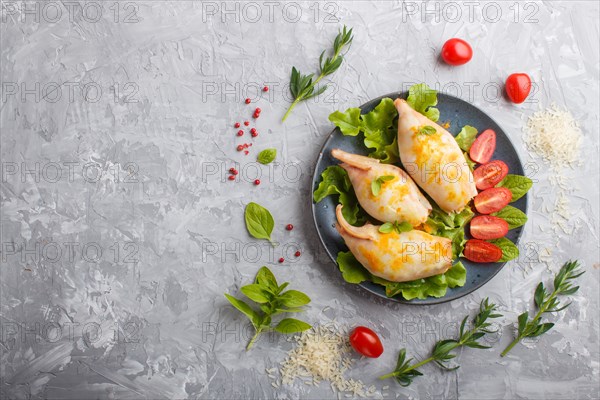 Stuffed baked squid with greens on a blue ceramic plate on a gray concrete background, top view, flat lay, copy space