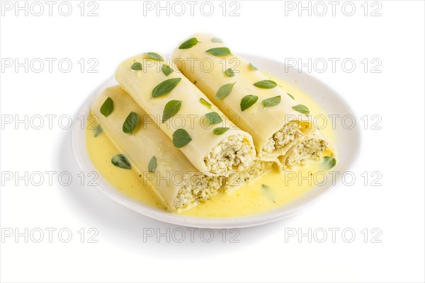 Cannelloni pasta with egg sauce, cream cheese and oregano leaves isolated on white background. side view, close up