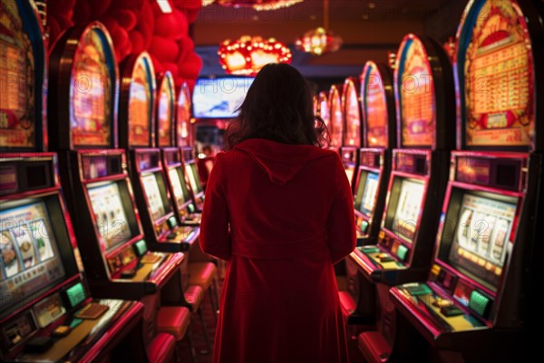 Back view of woman in casino room with gambling slot machines with colorful lights. KI generiert, generiert AI generated