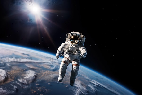 Astronaut Floating Above Earth in Space with extravehicular mobility unit and backpack. Wonder and awe of space exploration and science, AI generated