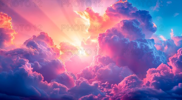A serene skyscape featuring a sunset among clouds with radiant beams of warm colors, ai generated, AI generated