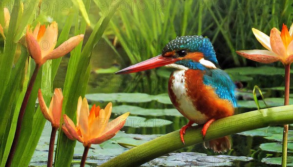 KI generated, animal, animals, bird, birds, biotope, habitat, a, individual, water, perch, reeds, water lilies, blue sky, foraging, wildlife, summer, seasons, white-throated kingfisher (Halcyon smyrnensis)