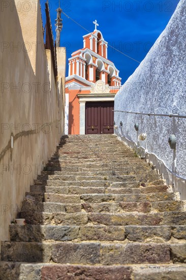 Red church in Fira, Santorini, Cyclades, Greece, Europe