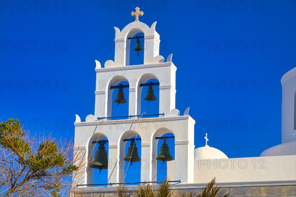 Santorini, Oia, bell tower of the church Panagia Platsani at the main square, Cyclades, Greece, Europe