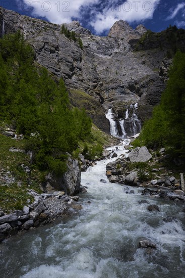 Mountain stream, Alps, glacier river, nature, environment, climate, idyll, mountain world, outdoor, travel, holiday, tourism, summer, blue sky, hike, hiking, mountain hike, mountain hiking, canton Valais, Switzerland, Europe
