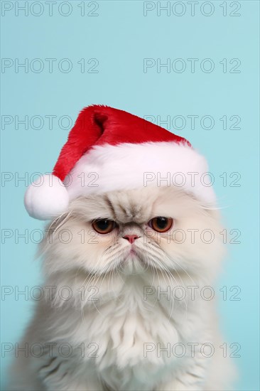 Funny Persian cat with Santa Claus hat in front of blue background. KI generiert, generiert AI generated