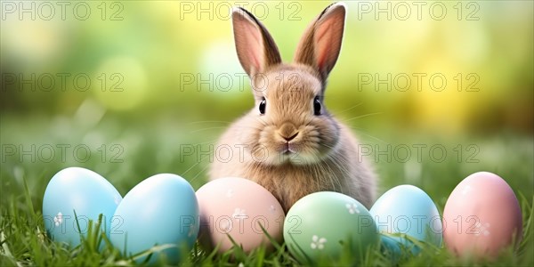 Banner with cute bunny with paste Easter eggs in grass, AI generated